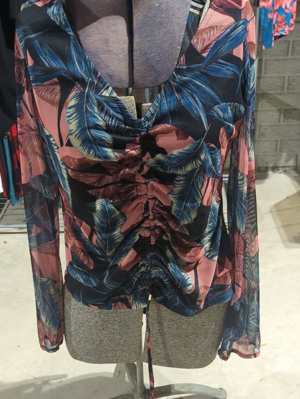 Daytrip Pink & Blue Floral Ruched Long-Sleeve Mesh Top